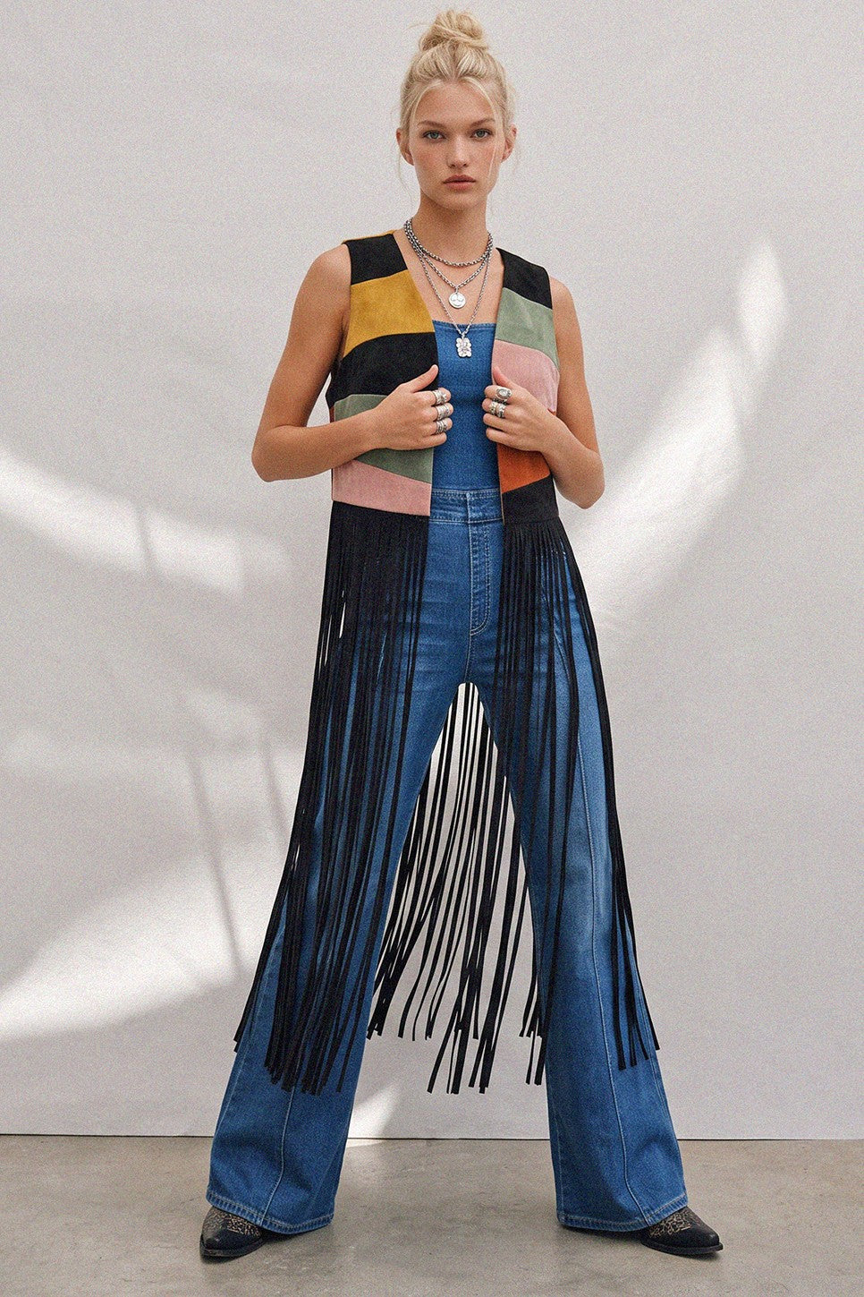 Western Boho Maxi Colorblock Sunrise Faux Suede Vest – Black Multi Sunrise