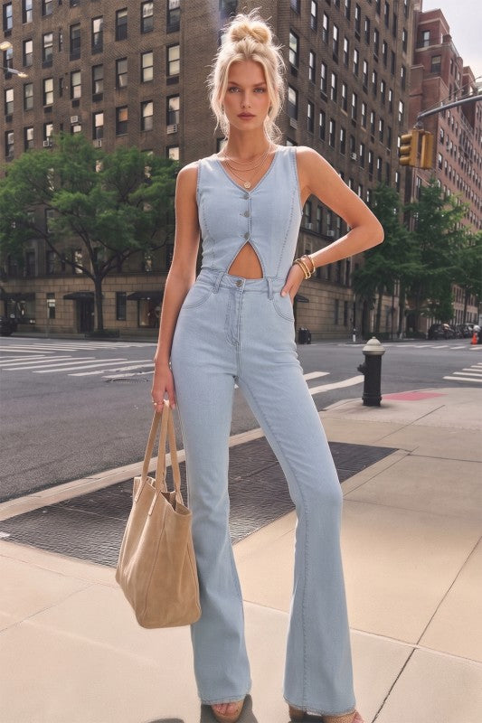 Western Cut Out Bootcut Denim Jumpsuit | Cowgirl Chic Flare One Piece