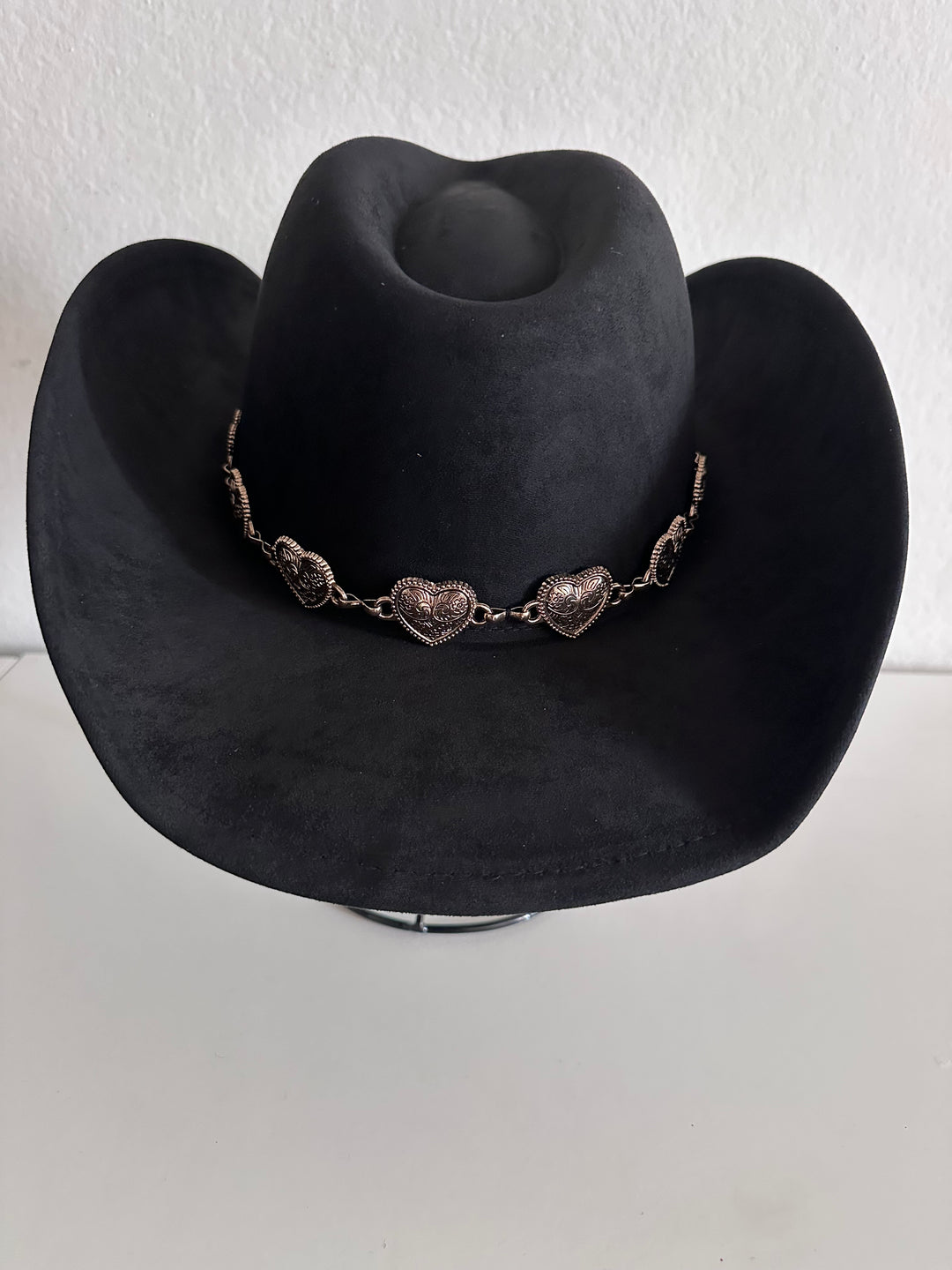 Black Cowboy Hat with Gold Heart Chain