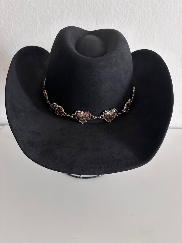 Black Cowboy Hat with Gold Heart Chain
