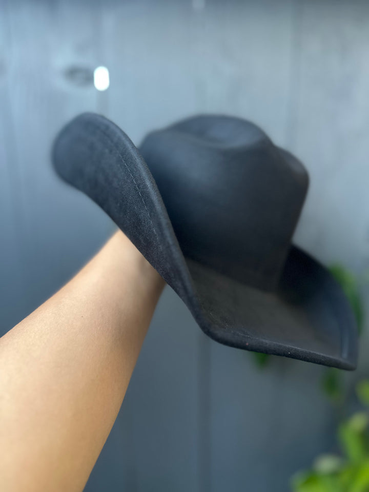 Solid Black Faux Suede Cowgirl Hat