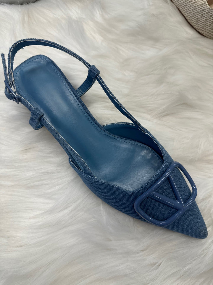 Denim Slingback Block Heel Shoes- Sunny
