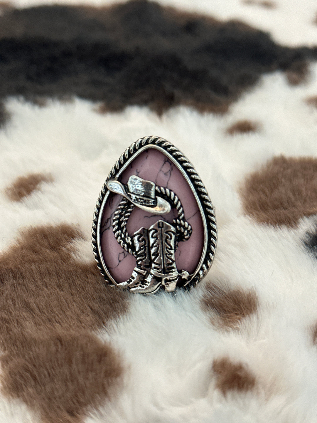 Western Style Cowboy Theme Pink Teardrop Ring