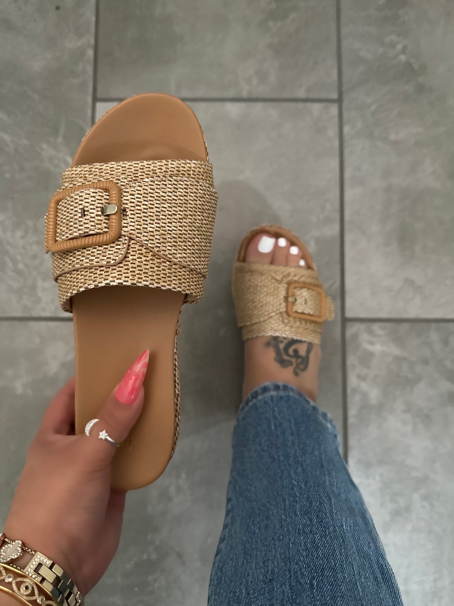 Boho Tan Natural Raffia Platform Slide Sandals- Celine