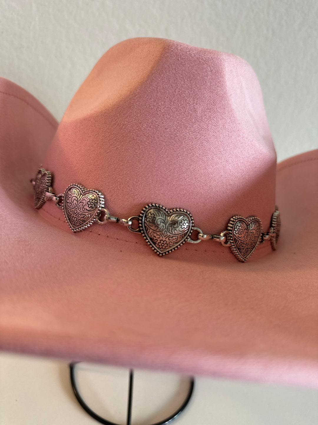Pink Cowboy Hat with Silver Heart Chain