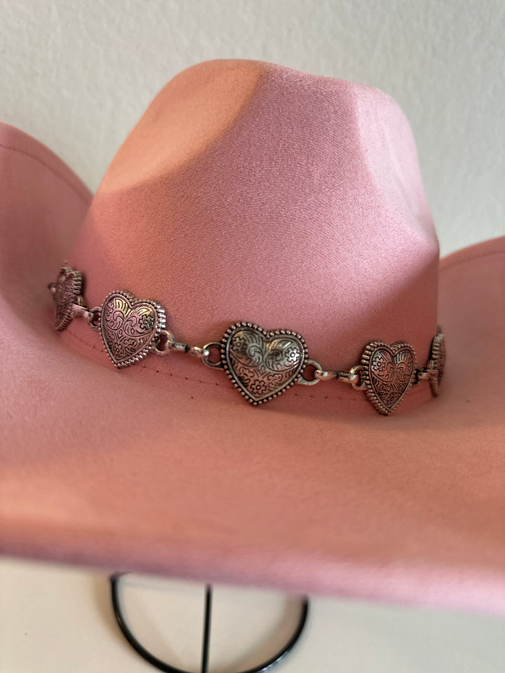 Pink Cowboy Hat with Silver Heart Chain