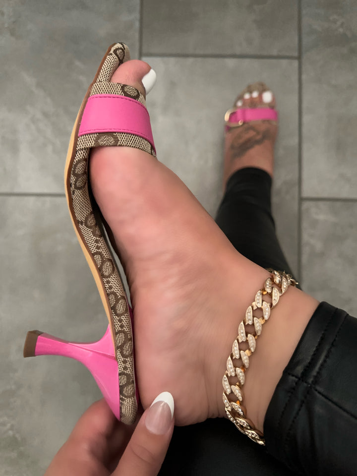 Pink and Brown Heels with Monogram Print