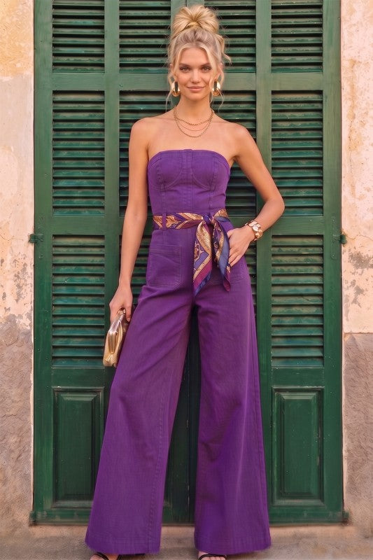 Purple Strapless Wide-Leg Denim Jumpsuit