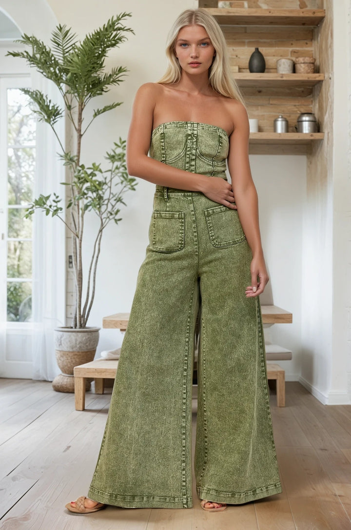 Olive Strapless Wide Leg Denim Jumpsuit Restock