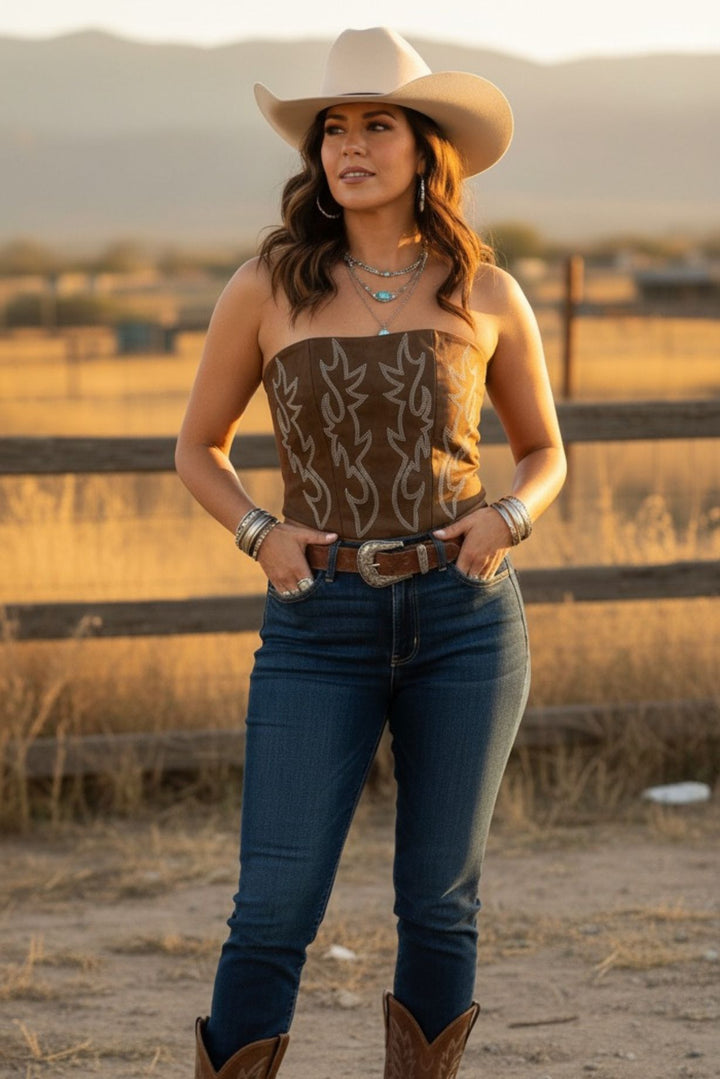 Western Brown Faux Leather Embroidered Corset Top