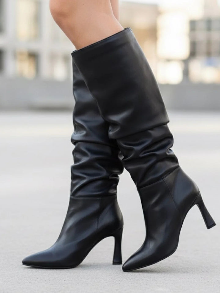 Black Faux Leather Stiletto Knee High Boots- Christi