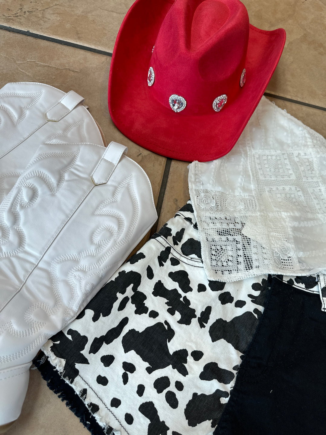 Western Color Block Denim Cow Print Shorts