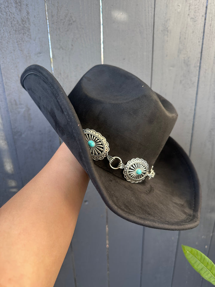 Black Suede Cowgirl Hat with Turquoise & Silver Conchos