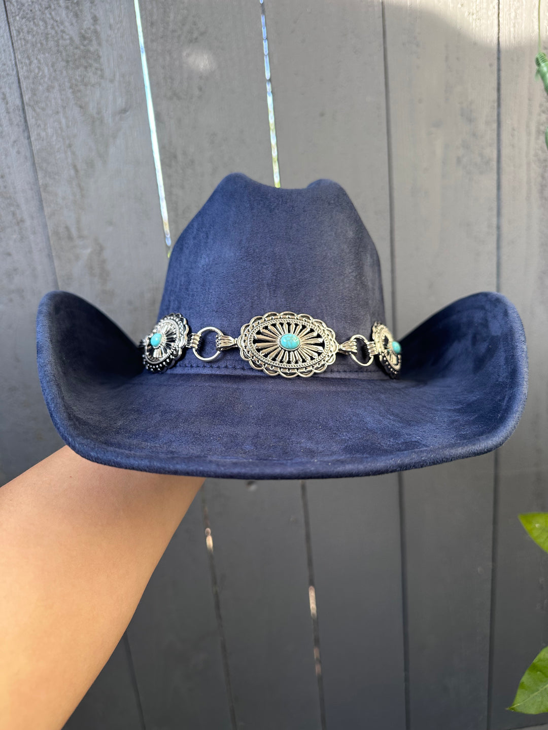 Midnight Blue Cowgirl Hat with Silver and Turquoise Concho Band