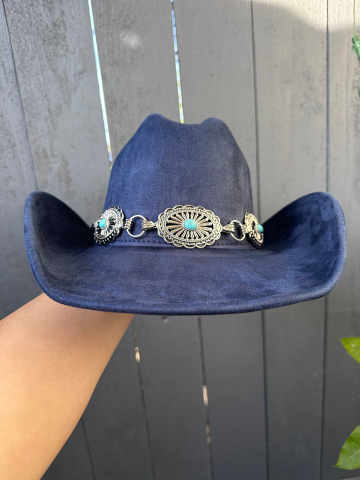 Midnight Blue Cowgirl Hat with Silver and Turquoise Concho Band