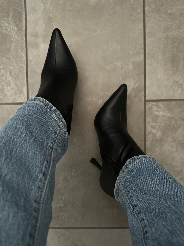 Black Faux Leather Pointed Toe Booties- Ruby