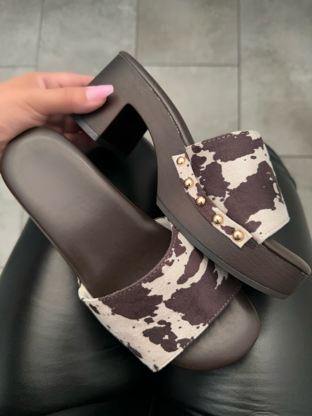 Cow Print Platform Clog Sandals- Anabella