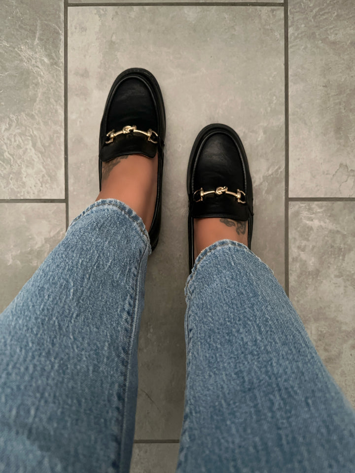 Classic Black Faux Leather Horsebit Loafers- Carolina