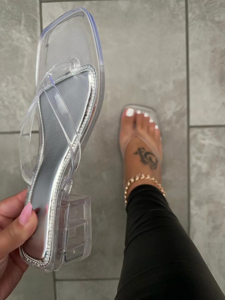 Clear Chunky Heel Thong Sandals- Holly