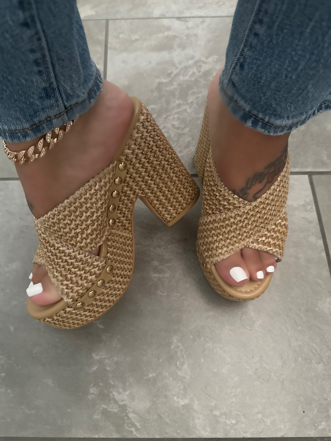 Natural Woven Criss Cross Raffia Platform Heel Sandals- Andreza