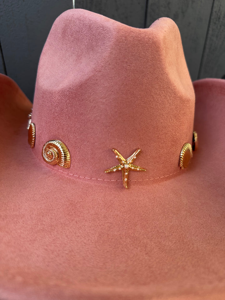 Peach Cowgirl Hat with Metallic Gold Sea Life Charms