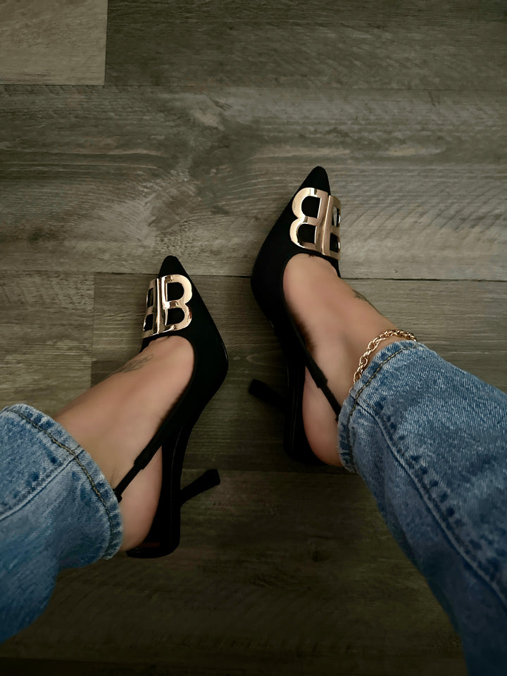 Black Nubuck Pointed Toe Slingback Heels- Savanna