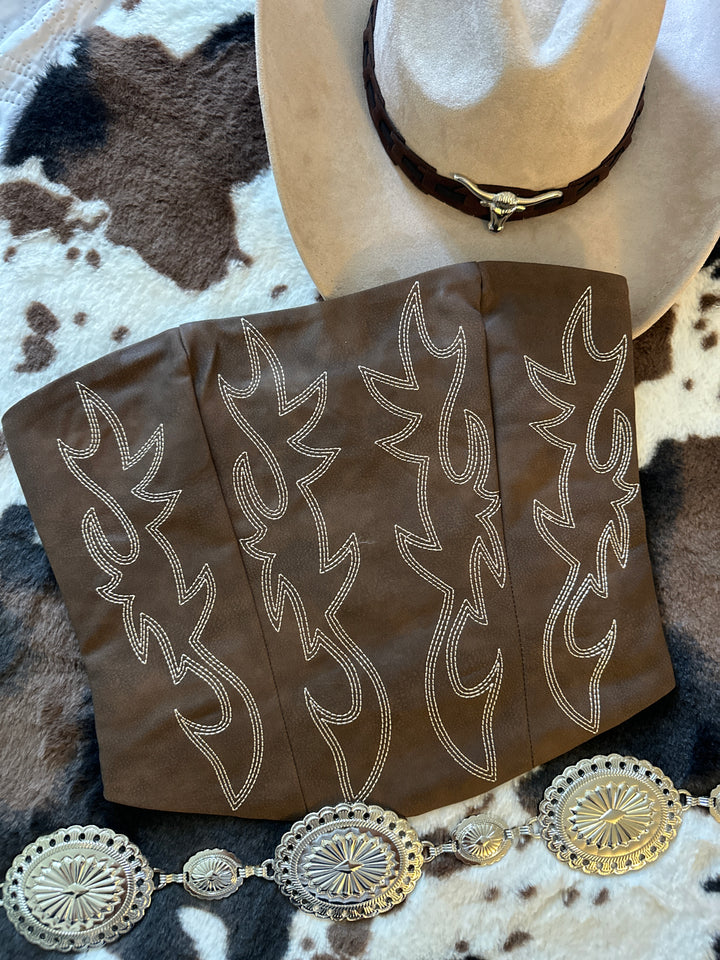 Western Brown Faux Leather Embroidered Corset Top