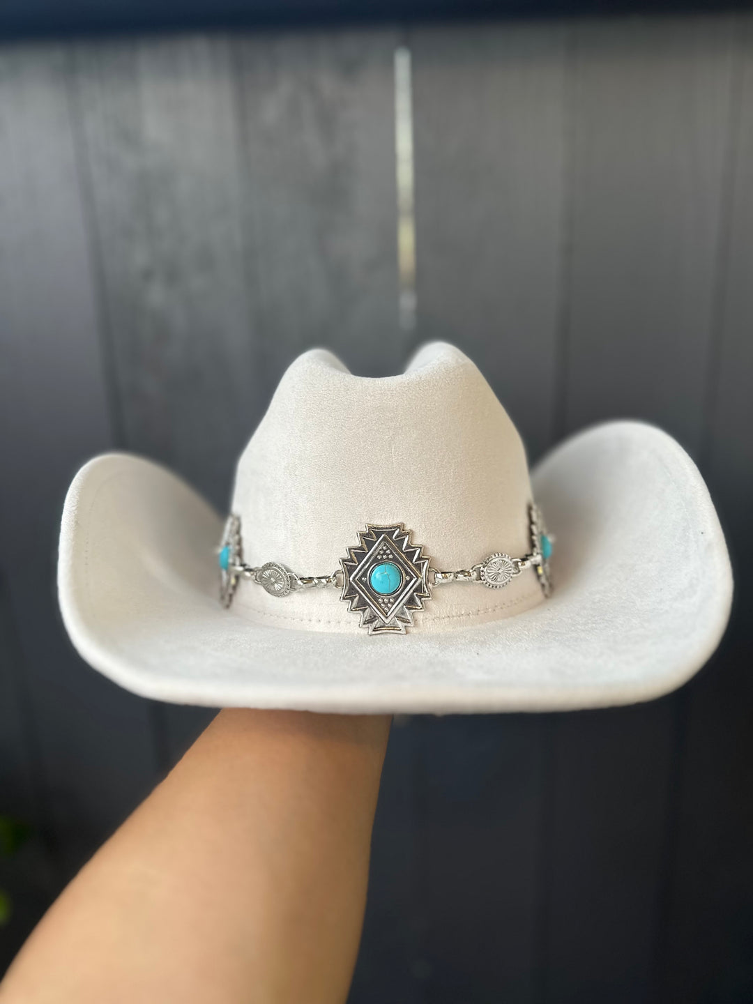 Ivory Cowgirl Hat with Turquoise Aztec Concho Detail