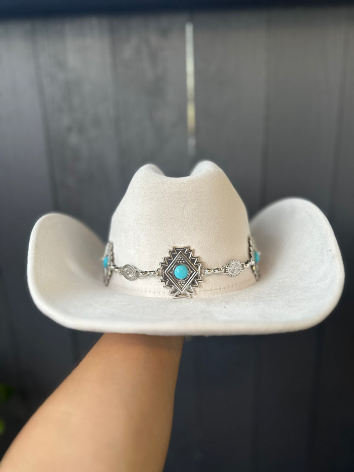 Ivory Cowgirl Hat with Turquoise Aztec Concho Detail