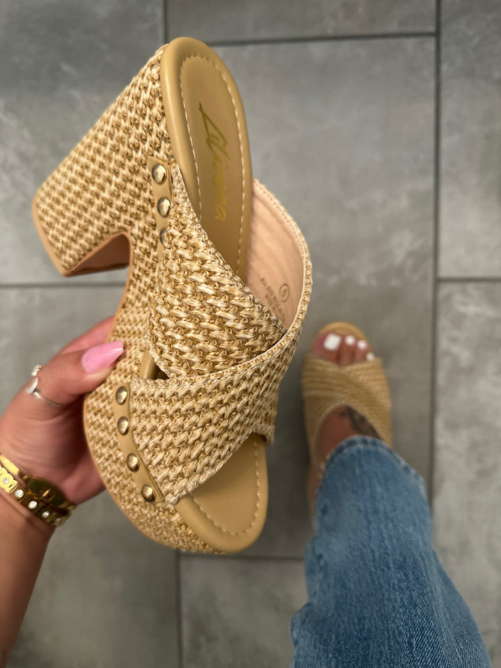 Natural Woven Criss Cross Raffia Platform Heel Sandals- Andreza