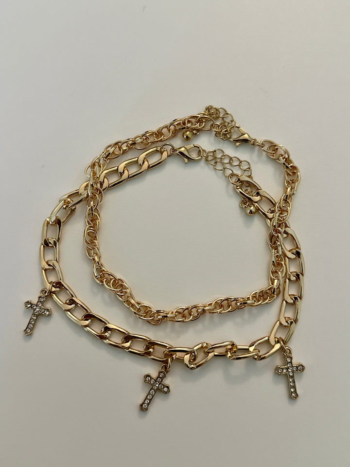 Set of Two Gold Chain Anklet with Cross Charms
