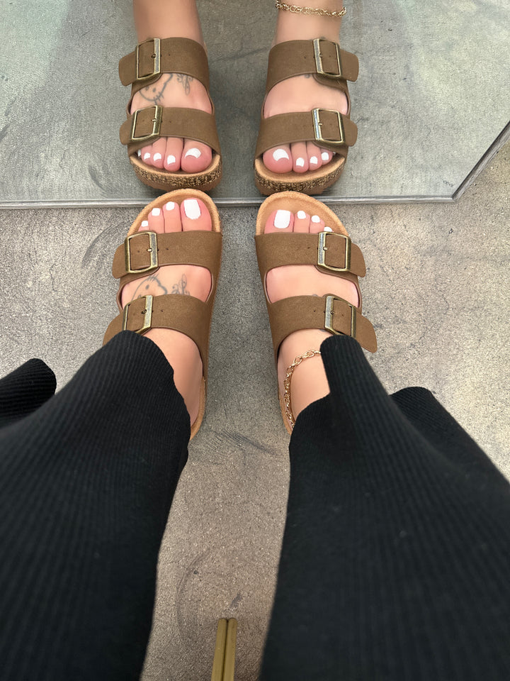 Dark Tan Double Buckle Cork Platform Sandals- Gina