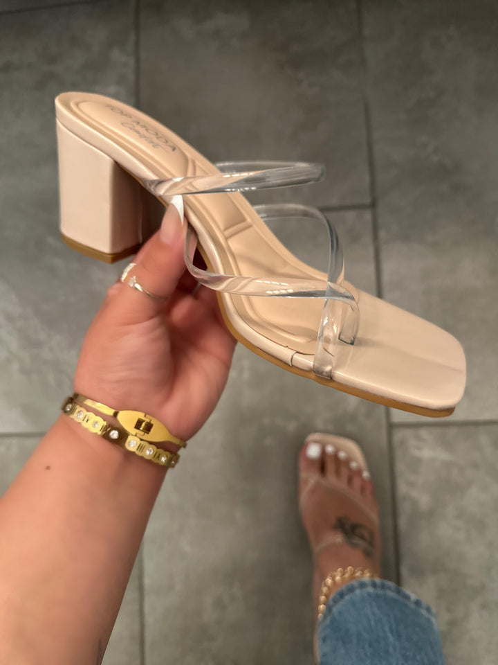 Women's Clear Nude Strappy Mid Heels- Harper