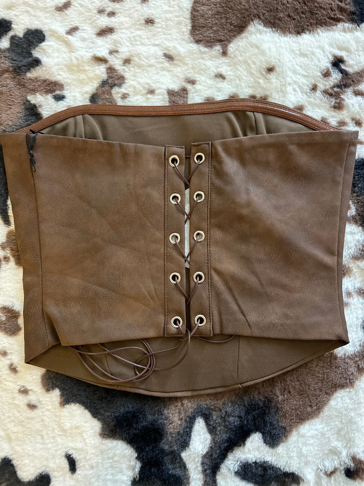 Western Brown Faux Leather Embroidered Corset Top