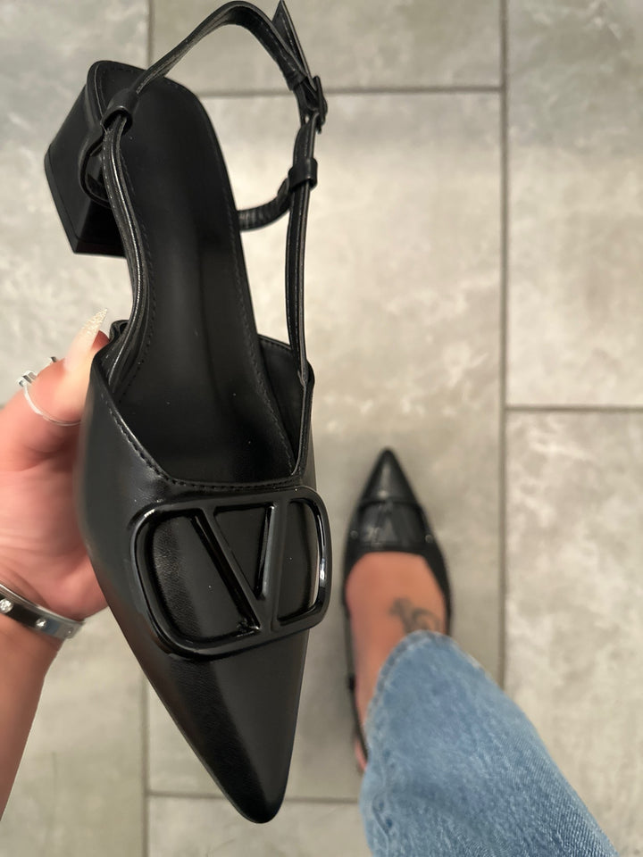 Black Slingback Block Heel Shoes- Sunny