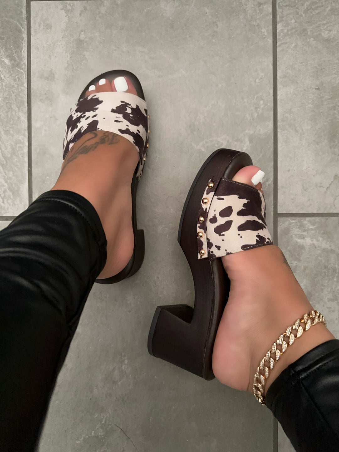 Cow Print Platform Clog Sandals- Anabella