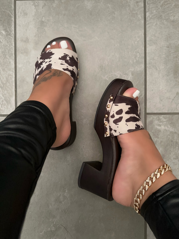 Cow Print Platform Clog Sandals- Anabella