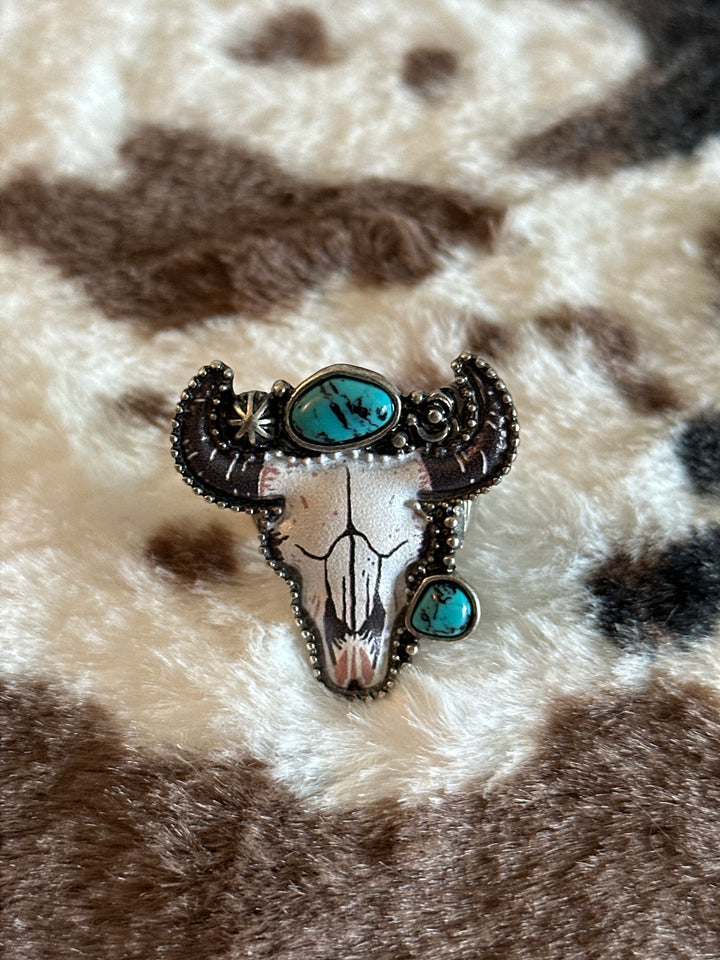 Western Silver and Turquoise Stone Steer Head Stretch Ring