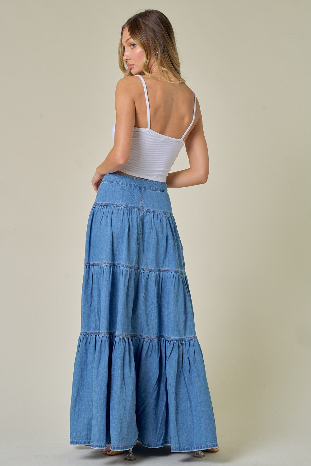 Women’s Boho Denim Maxi Tiered Skirt