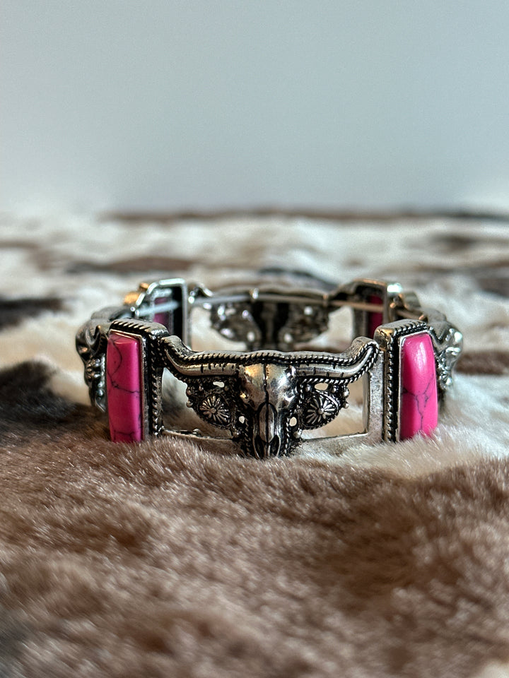 Silver and Pink Longhorn Bracelet