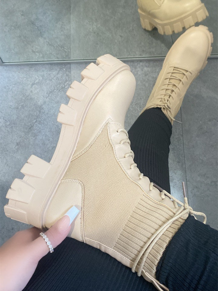Beige Knit Lace-Up Combat Boots | Chunky Lug Sole- Francine