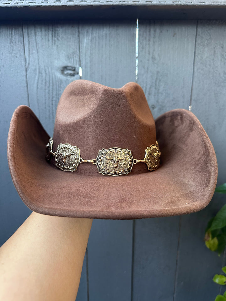 Brown Cowgirl Hat with Longhorn Concho Band