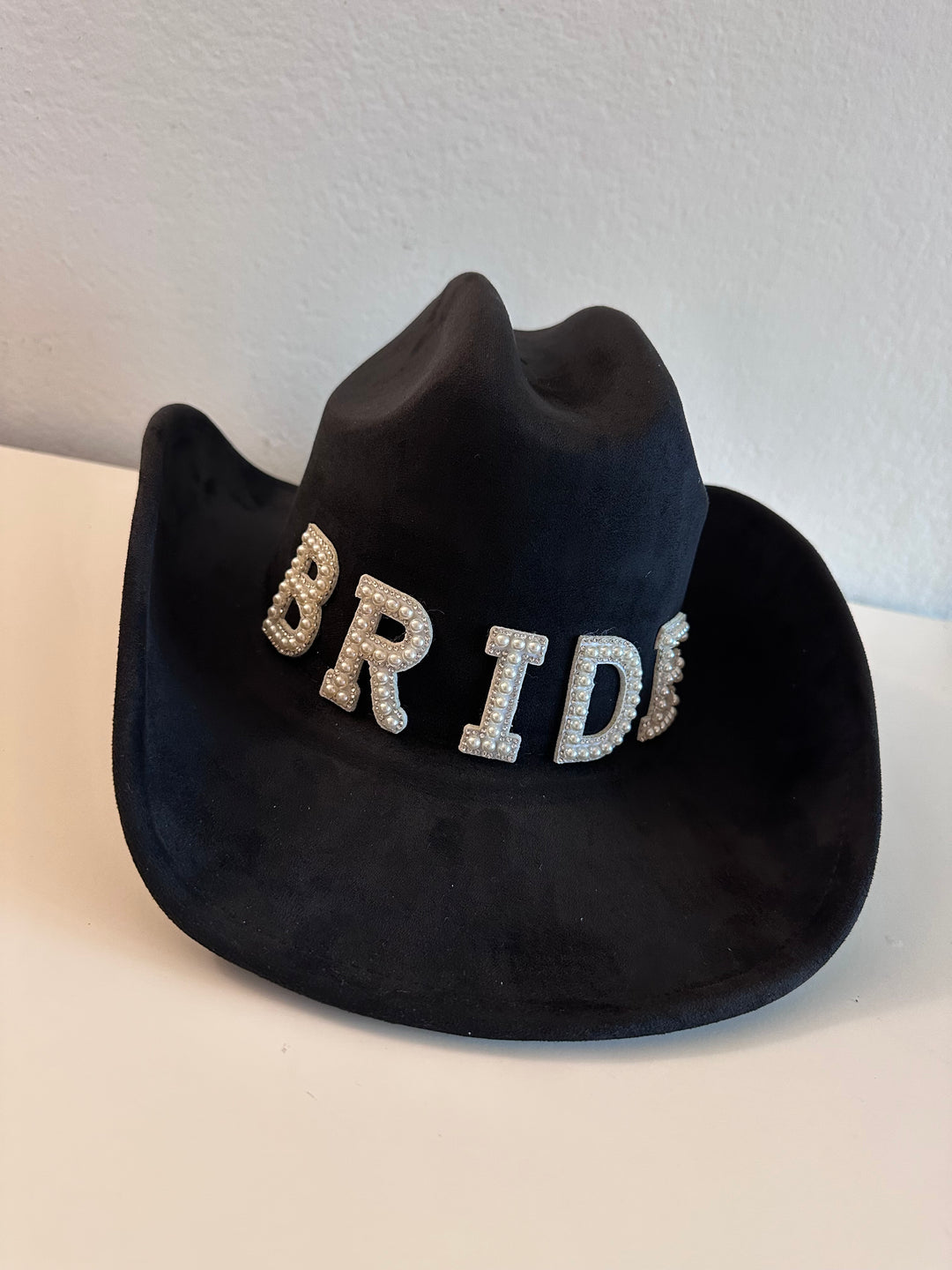 Black Faux Suede Cowgirl Bride Hat with Pearl Detailed Letters