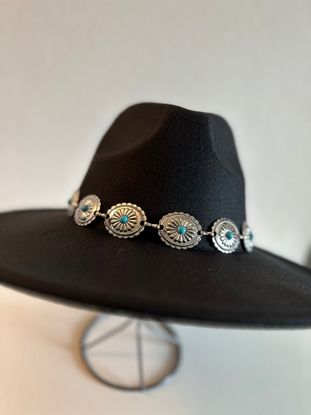 Black Wide-Brim Fedora Hat with Silver and Turquoise Accents