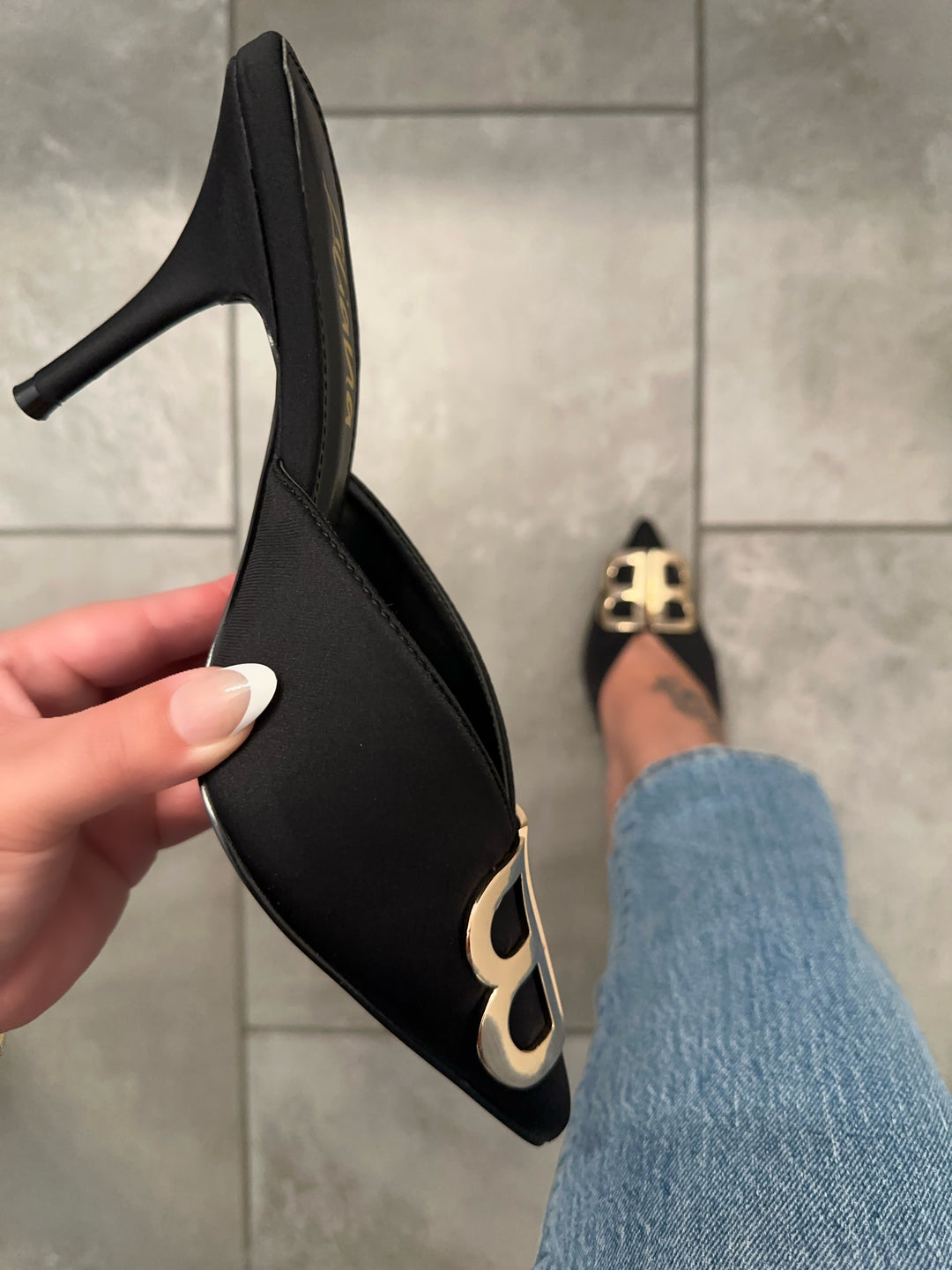 Black Pointed Toe Mule Heels - Alexia