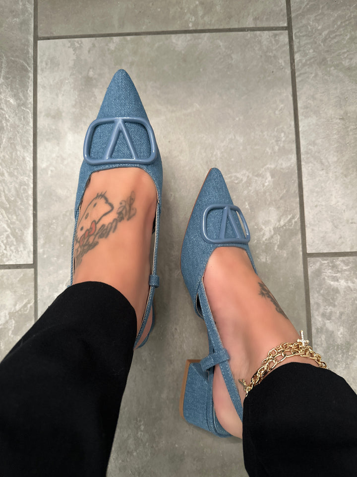 Denim Slingback Block Heel Shoes- Sunny