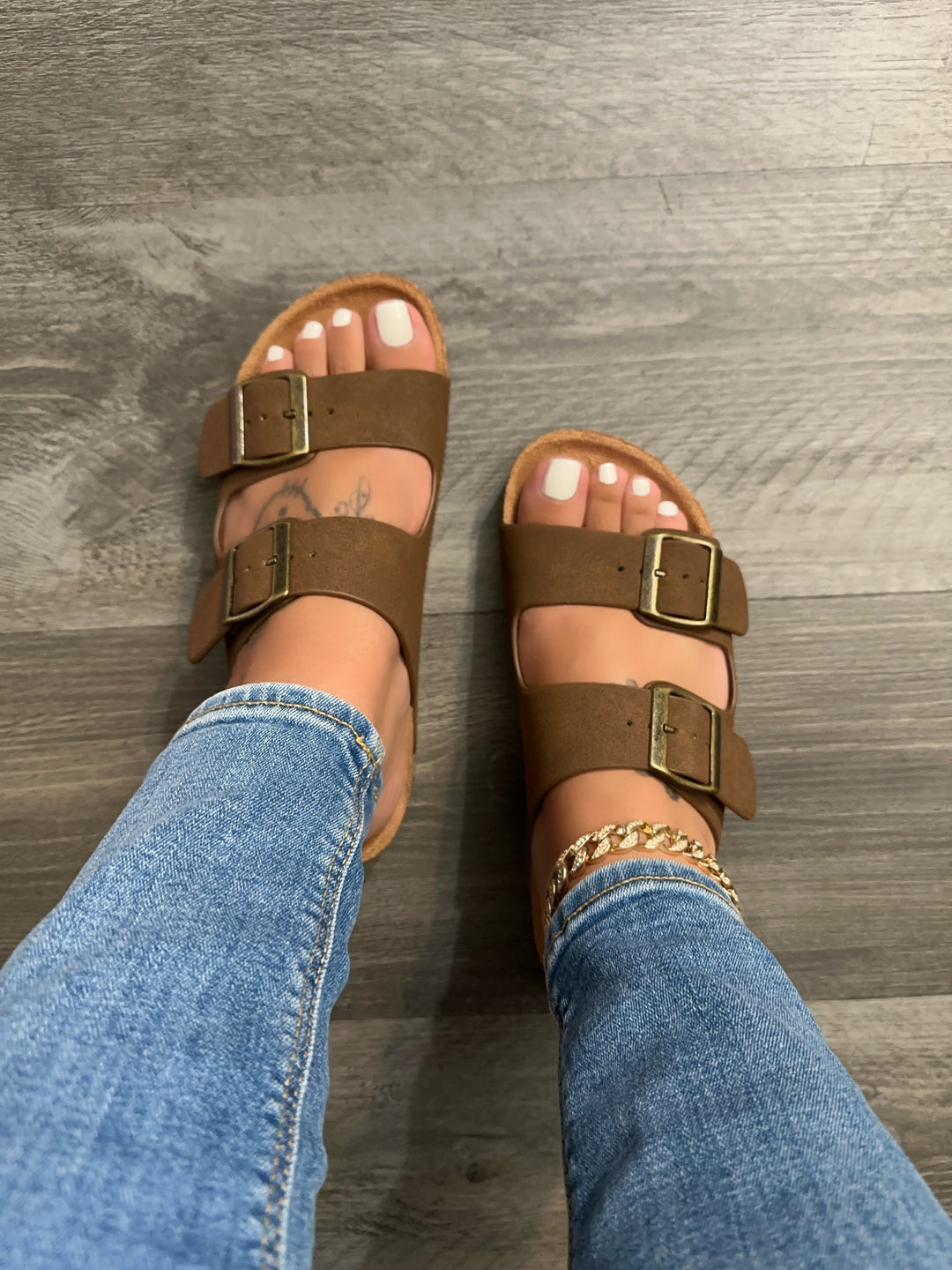 Dark Tan Double Buckle Cork Platform Sandals- Gina