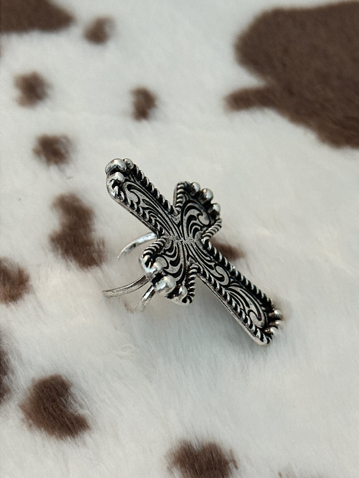 Western Silver Ornate Cross Ring