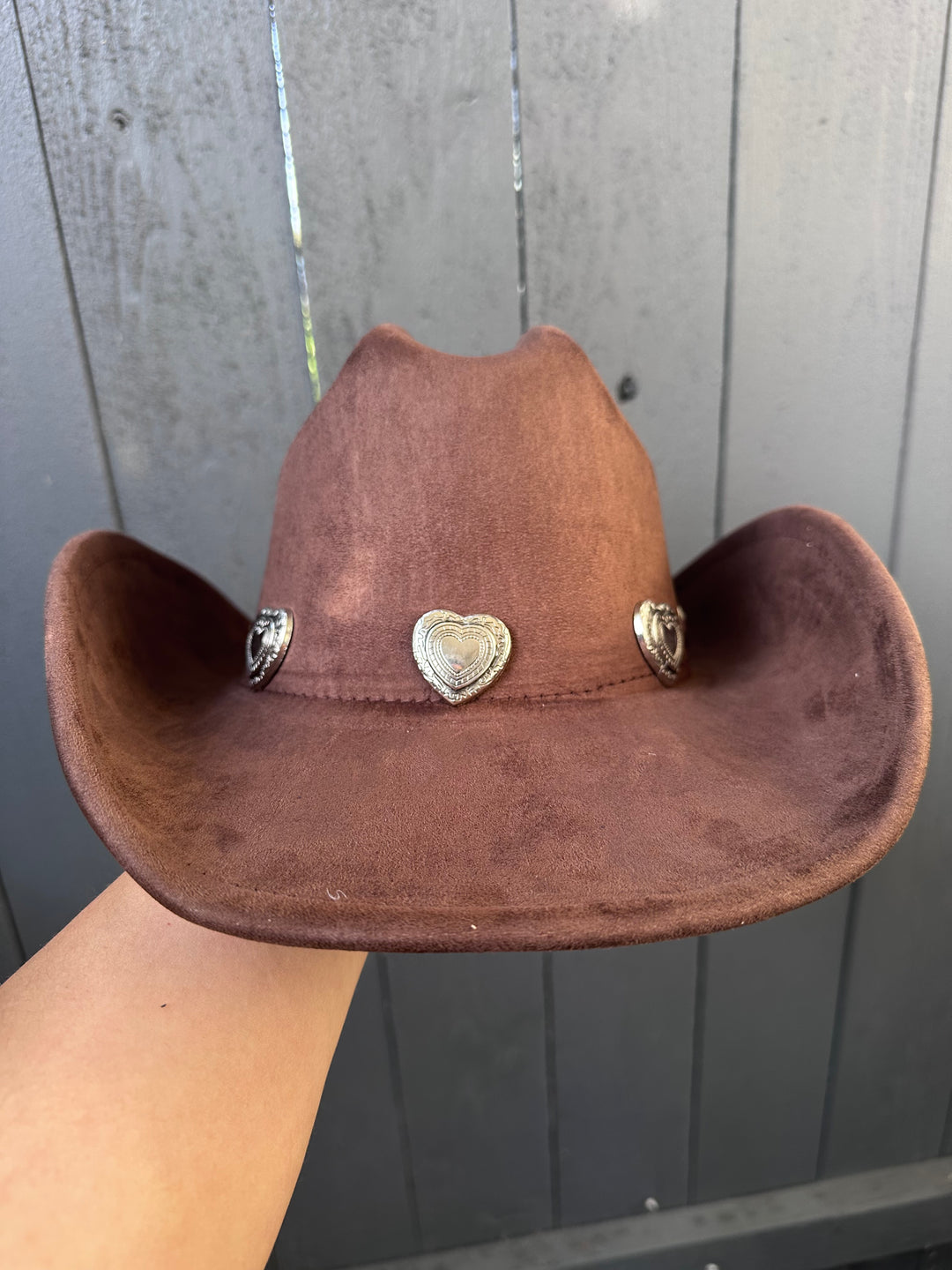 Stylish Brown Cowgirl Hat with Heart Accents
