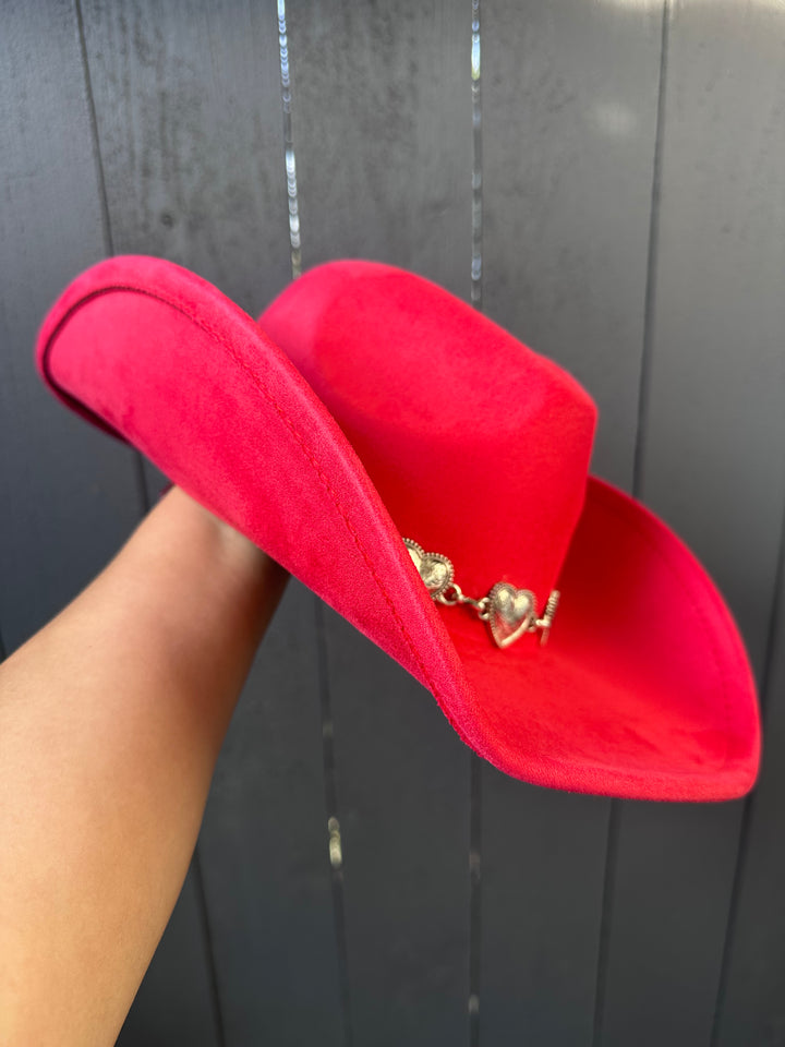 Red Cowgirl Hat with Gold Engraved Hearts Band